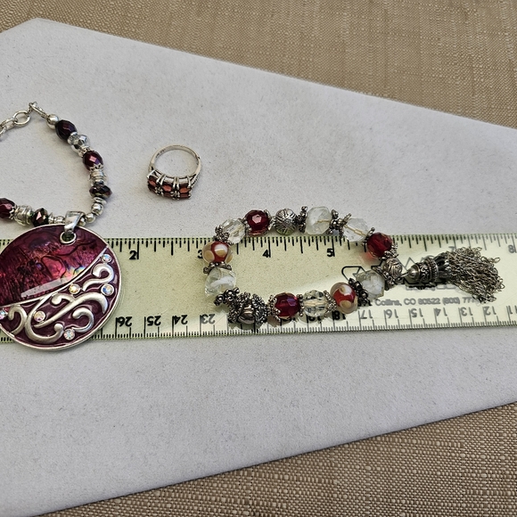 SET! Garnet 925 Ring with Stretchy Glass Bead Bracelet and Beaded Necklace - Picture 11 of 14